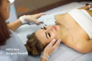 Woman having Hi-Fu to reduce wrinkles Macclesfield.