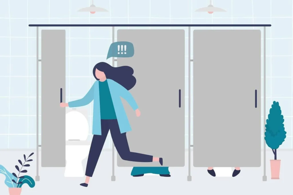 graphic of Urine incontinence Macclesfield woman running to the toilet.
