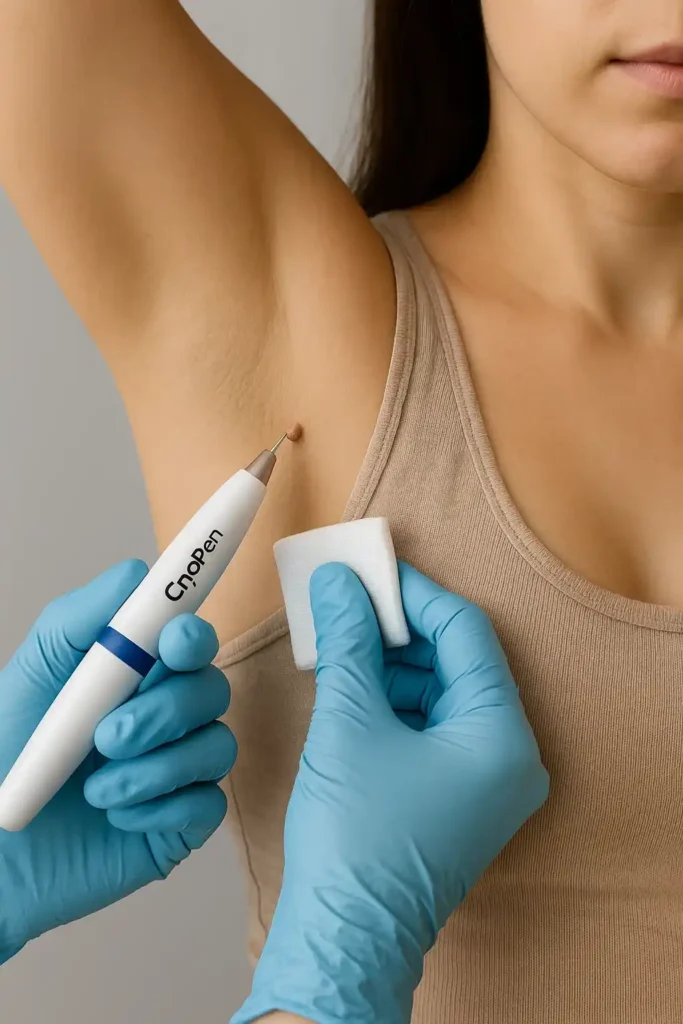 woman having cryopen to remove underarm skin tags Macclesfield