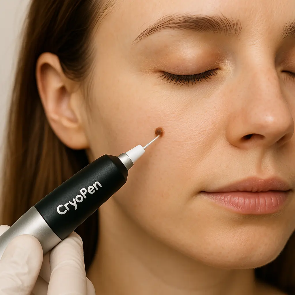 woman receiving facial mole removal Macclesfield using cryopen