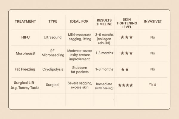 Table showing the comparisons of Skin tightening Macclesfield treatment options. 